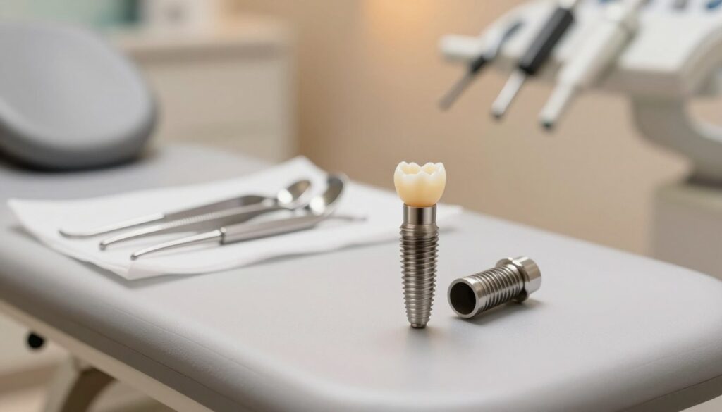 A detailed and informative dental implant scene featuring a realistic implant displayed on a clean, sterile dental table. In the foreground, the implant should be highlighted with a soft focus, showcasing its titanium material and detailed design, alongside a dental crown and connector piece. The middle layer includes dental tools neatly arranged, all set against a subtle background of a well-lit dental clinic. The atmosphere is calm and professional, with warm lighting creating an inviting and reassuring environment. The lens is slightly angled to give depth, capturing the intricate details of the components. No human figures are present, ensuring a focus on the dental materials and their arrangement.
