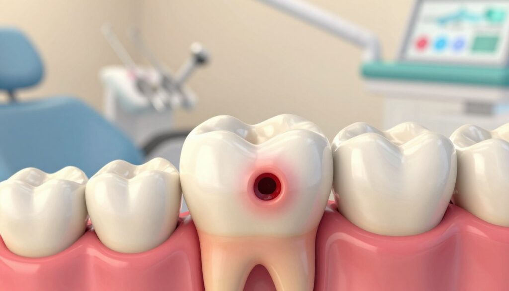 A detailed close-up illustration of a tooth with an abscess, highlighting the causes of dental abscesses. In the foreground, show the tooth with a visible pus-filled pocket at the gum line, illustrating signs of inflammation and infection. The middle ground should feature detailed anatomical elements, like healthy gums and surrounding teeth to provide context. In the background, depict a soft-focus dental clinic setting, with dental tools and a dental chart subtly visible. Use warm, clinical lighting to create a professional atmosphere, with a shallow depth of field to draw attention to the tooth. Aim for an informative and educational mood, ensuring clarity and realism to effectively communicate the subject matter.