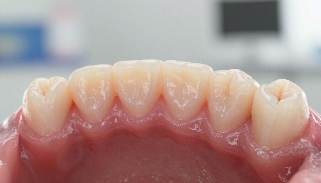 A detailed, close-up image of a healthy human gum featuring a slight, distinct growth known as "nadziąślak." The growth should be fleshy and pale-colored, with a smooth texture and a subtle shine reflecting light, set against the vibrant pink gums. In the foreground, focus tightly on the specific area of the gum tissue, highlighting the contrast between the involved tissue and the surrounding healthy gum. The lighting should be soft and diffuse, mimicking natural light, emphasizing the details without harsh shadows. The background should be gently blurred, representing a dental office setting, with soft colors to create a calm, clinical atmosphere. Aim for an informative and educational tone, free of distractions or clutter.