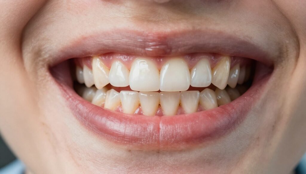 A detailed close-up of a healthy human mouth, showcasing the gums and teeth in vibrant detail. The foreground features a focus on the gums, highlighting subtle signs of gum recession such as darker gum lines, exposure of tooth root surfaces, and slight swelling. The middle ground displays teeth in bright, polished condition, with a gentle reflection to indicate cleanliness. The background consists of a softly blurred dental office environment, emphasizing professionalism and care. Natural, soft lighting illuminates the scene, creating a warm and inviting atmosphere. The composition captures a sense of urgency and importance regarding oral health, aiming to visually convey the need for awareness of gum recession symptoms in daily life.