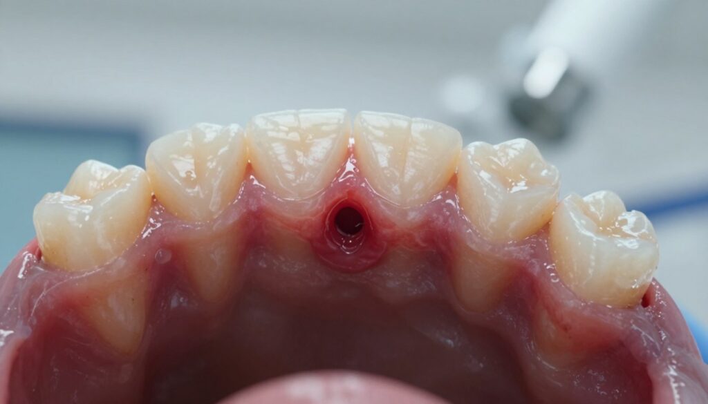 A detailed close-up of a human mouth showing a dental fistula on the gum, highlighting the inflamed tissue around it. The foreground features the fistula as a small opening with a slight discharge, surrounded by red and swollen gum tissue. In the middle ground, illustrate healthy teeth adjacent to the affected area, adding a slight gleam to indicate cleanliness. The background should be softly blurred to focus on the mouth while suggesting a clinical dental environment, with subtle medical instruments and lighting that creates a sterile, professional atmosphere. Dim natural light complements the clinical white lighting, enhancing the mood of concern yet professionalism. A detailed close-up of a human mouth showing a dental fistula on the gum, highlighting the inflamed tissue around it. The foreground features the fistula as a small opening with a slight discharge, surrounded by red and swollen gum tissue. In the middle ground, illustrate healthy teeth adjacent to the affected area, adding a slight gleam to indicate cleanliness. The background should be softly blurred to focus on the mouth while suggesting a clinical dental environment, with subtle medical instruments and lighting that creates a sterile, professional atmosphere. Dim natural light complements the clinical white lighting, enhancing the mood of concern yet professionalism.