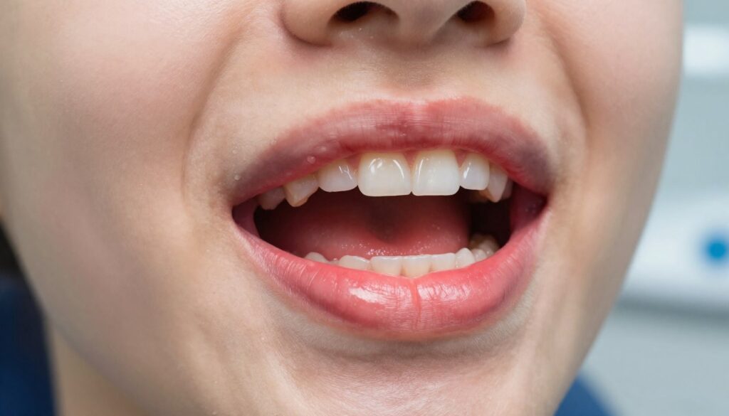 A detailed close-up of a vibrant human mouth with swollen gums around a tooth, showcasing inflammation and redness. The focus is on the affected area, highlighting the texture of the gums and the tooth with a slight sheen to emphasize moisture. Surround the mouth with a blurred background of a dentist's office, softly lit to create a clinical yet inviting atmosphere. Include dental tools in the background subtly, indicating a professional setting. The lighting should be bright but soft, capturing the details of the gums without harsh shadows. The overall mood should be informative and clinical, evoking a sense of care and attention to dental health.