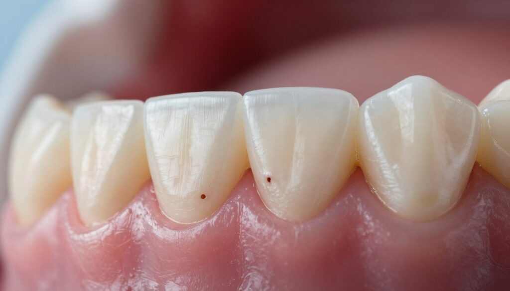 A detailed close-up of the surface of teeth showing early signs of decay near the gum line. The teeth should appear clean but exhibit subtle discoloration and tiny cavities, highlighting the beginnings of dental caries. Use soft, natural lighting to emphasize the textures and details of the enamel and the surrounding gums. The background should be blurry, focusing attention on the teeth while suggesting a clean dental clinic environment. The angle should be slightly tilted to capture the surface details effectively, evoking a sense of concern but also hope for prevention. The atmosphere should be clinical yet informative, conveying a message of awareness and preventive care for dental health.