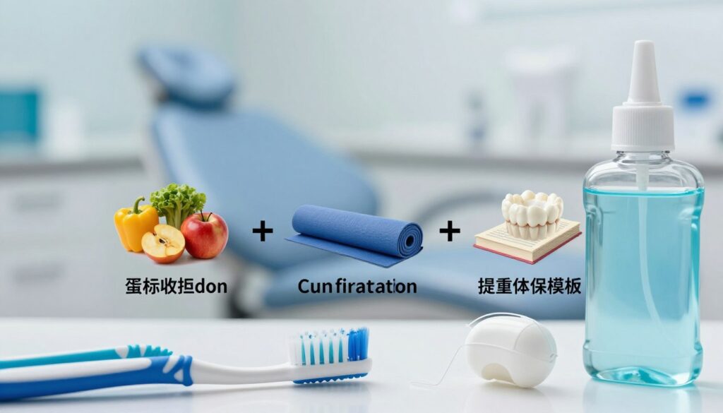A detailed close-up of various factors contributing to gum irritation and oral inflammation, focusing on lifestyle and overall health. In the foreground, depict dental hygiene items like a toothbrush, floss, and mouthwash to symbolize care and prevention. In the middle, illustrate health indicators such as a balanced meal with fruits and vegetables alongside stress-relief items like a yoga mat and a book. The background should softly fade into a calming dental clinic environment with gentle lighting that evokes a sense of cleanliness and peace. Use a shallow depth of field to keep the foreground sharp and vibrant, while the background remains slightly blurred, creating a professional and informative atmosphere. The overall mood should be educational and encouraging, without any human figures depicted.