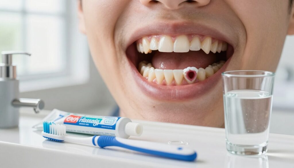 A detailed dental care scene focusing on oral hygiene after tooth extraction. In the foreground, display a clean, well-organized bathroom counter with dental tools such as a soft-bristled toothbrush, a tube of fluoride toothpaste, and a glass of water for rinsing. In the middle, depict a close-up of a person's mouth, featuring healthy gums and a healing tooth socket, showing white, clear healing indications. The background should include a bright, airy bathroom with natural light pouring in from a window, creating a fresh and clean atmosphere. The overall mood should be calm and reassuring, emphasizing good oral hygiene practices post-extraction, captured from a slight angle to highlight the details of the subject.