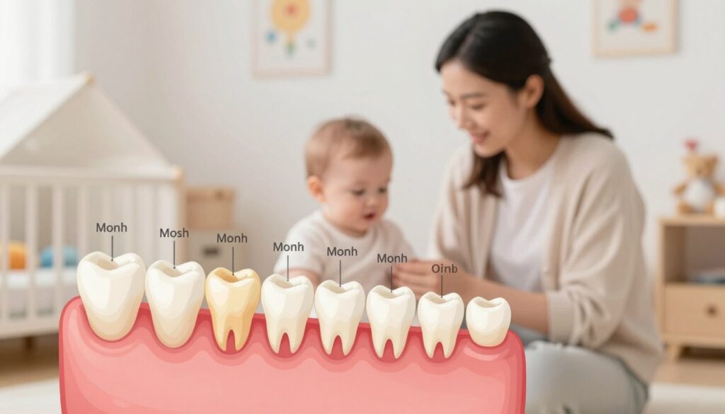 A detailed educational illustration showcasing the sequence of primary tooth eruption in infants, month by month. In the foreground, a clear, labeled diagram of an infant's mouth, highlighting the various stages of tooth development, including incisors, canines, and molars, with subtle colors to differentiate each tooth type. The middle ground features a gentle, parent-like figure observing the process, dressed in modest casual clothing, fostering a nurturing atmosphere. The background includes a soft pastel nursery setting with toys and art on the walls, enhancing the child-friendly context. The lighting is warm and inviting, simulating a cozy room, with a slight focus on the mouth diagram to draw attention. This image aims to educate and provide a sense of comfort and support in understanding dental milestones for infants.