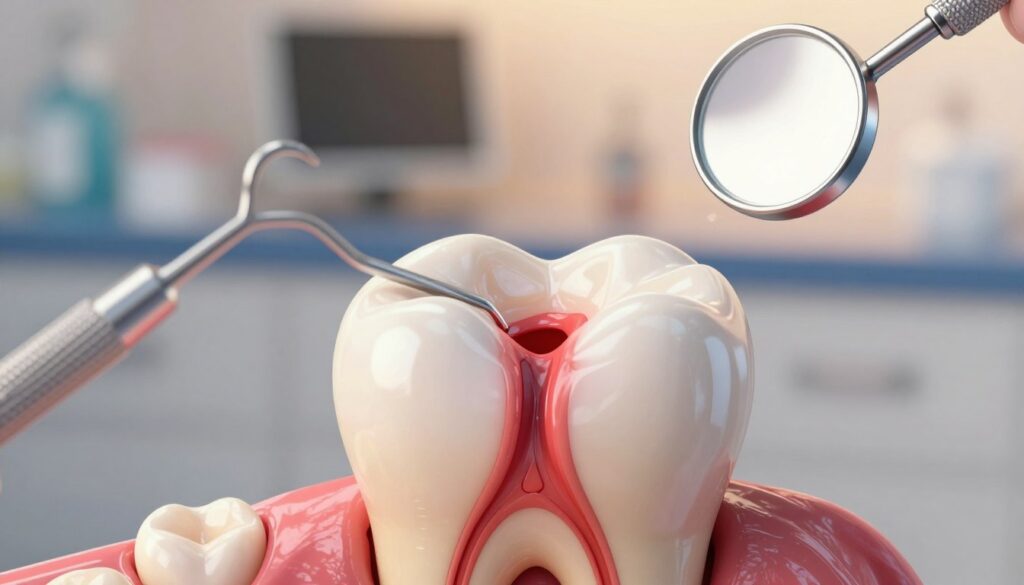 A detailed illustration depicting dental pulp inflammation, featuring a close-up of a human tooth with inflamed pulp. The foreground should display the tooth with an emphasis on the clearly visible pulp chamber, highlighting the redness and swelling. In the middle ground, include dental tools such as an explorer and a small mirror, suggesting a clinical setting. The background should be softly blurred to imply a dental office with warm, ambient lighting to create a professional yet inviting atmosphere. Capture the mood of urgency and concern, reflecting the seriousness of tooth pain. Use a macro lens perspective to focus on the tooth, ensuring vivid detail and high contrast. The composition should exclude any human subjects or distracting elements.
