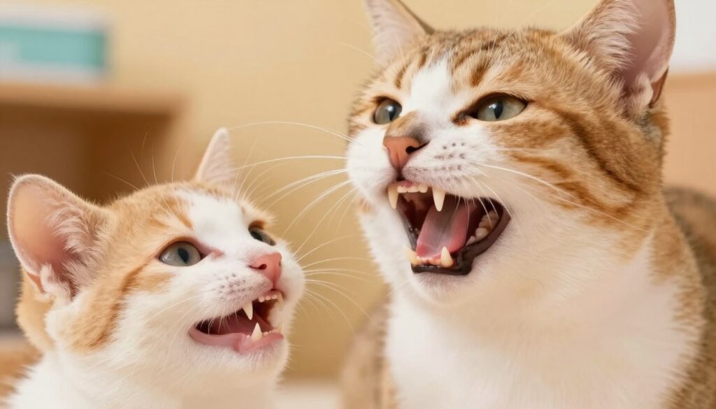 A detailed illustration featuring the dental structure of a cat, emphasizing the comparison between a kitten’s teeth and an adult cat’s teeth. In the foreground, display a close-up of a kitten's mouth, showcasing its small, sharp baby teeth, with gentle, soft lighting highlighting their delicate features. In the middle ground, an adult cat's mouth opens slightly, revealing its larger, sturdier permanent teeth, set against a contrasting background of warm colors that evoke a cozy home environment. Include a subtle, blurred background, hinting at a veterinary clinic or a pet care setting. The overall mood should be informative yet inviting, suggesting a nurturing atmosphere, ideal for a pet care article. Use a soft focus effect to enhance the focus on the teeth while ensuring a warm, natural color palette.