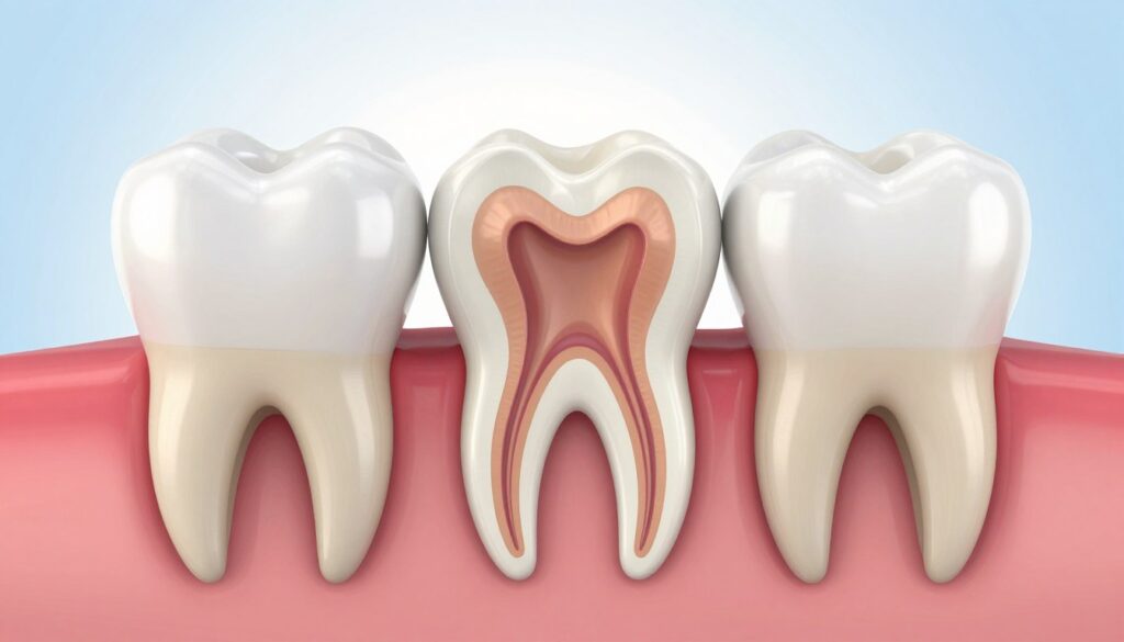 A detailed illustration of a milk tooth anatomy, showcasing its distinct features compared to a permanent tooth. In the foreground, a close-up view of a white, pearly milk tooth with a translucent enamel layer, highlighting its softer structure. In the middle layer, display a cross-section that reveals the pulp chamber and roots, emphasizing the differences in size and shape between the milk tooth and a permanent tooth, which appears in a softer focus beside it for comparison. The background should be a light gradient, suggesting a clinical environment, with soft, diffused lighting to enhance the details of the tooth structures. The atmosphere is educational and informative, suitable for a professional article. A detailed illustration of a milk tooth anatomy, showcasing its distinct features compared to a permanent tooth. In the foreground, a close-up view of a white, pearly milk tooth with a translucent enamel layer, highlighting its softer structure. In the middle layer, display a cross-section that reveals the pulp chamber and roots, emphasizing the differences in size and shape between the milk tooth and a permanent tooth, which appears in a softer focus beside it for comparison. The background should be a light gradient, suggesting a clinical environment, with soft, diffused lighting to enhance the details of the tooth structures. The atmosphere is educational and informative, suitable for a professional article.