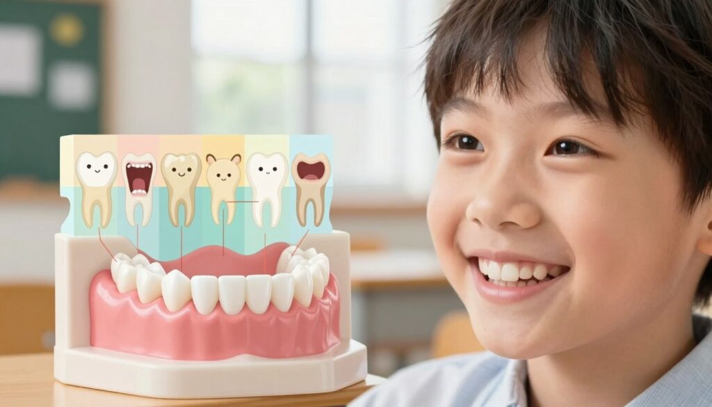 A detailed illustration of deciduous teeth, specifically showcasing incisors, in an educational setting. In the foreground, a realistic, close-up view of a child's mouth displaying sharp, white incisors along with a soft, inviting smile. In the middle, a visual guide with labeled teeth sections to represent the order of eruption, featuring illustrations of canines and molars in a soft pastel color palette. The background should include a subtle, blurred classroom environment with natural lighting filtering through a window, creating a warm and educational atmosphere. The angle should be slightly tilted to emphasize the teeth while keeping the focus on the child's overall expression, conveying a sense of curiosity and wonder.