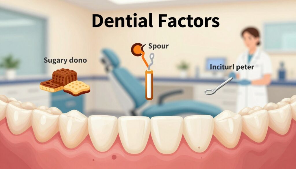A detailed illustration of dental risk factors, focusing on a range of elements contributing to gum pain. In the foreground, a close-up view of a human mouth showing healthy gums alongside affected gums with inflammation and plaque buildup. In the middle ground, visual representations of common risk factors such as sugary snacks, smoking, and poor dental hygiene tools, artistically arranged in a cohesive manner. The background should be a softly blurred dental clinic setting, conveying a professional atmosphere. Use warm, gentle lighting to create an inviting and informative mood. The image should be clear and focused, emphasizing the importance of awareness of these often-overlooked factors. No text, logos, or branding should be included. A detailed illustration of dental risk factors, focusing on a range of elements contributing to gum pain. In the foreground, a close-up view of a human mouth showing healthy gums alongside affected gums with inflammation and plaque buildup. In the middle ground, visual representations of common risk factors such as sugary snacks, smoking, and poor dental hygiene tools, artistically arranged in a cohesive manner. The background should be a softly blurred dental clinic setting, conveying a professional atmosphere. Use warm, gentle lighting to create an inviting and informative mood. The image should be clear and focused, emphasizing the importance of awareness of these often-overlooked factors. No text, logos, or branding should be included.
