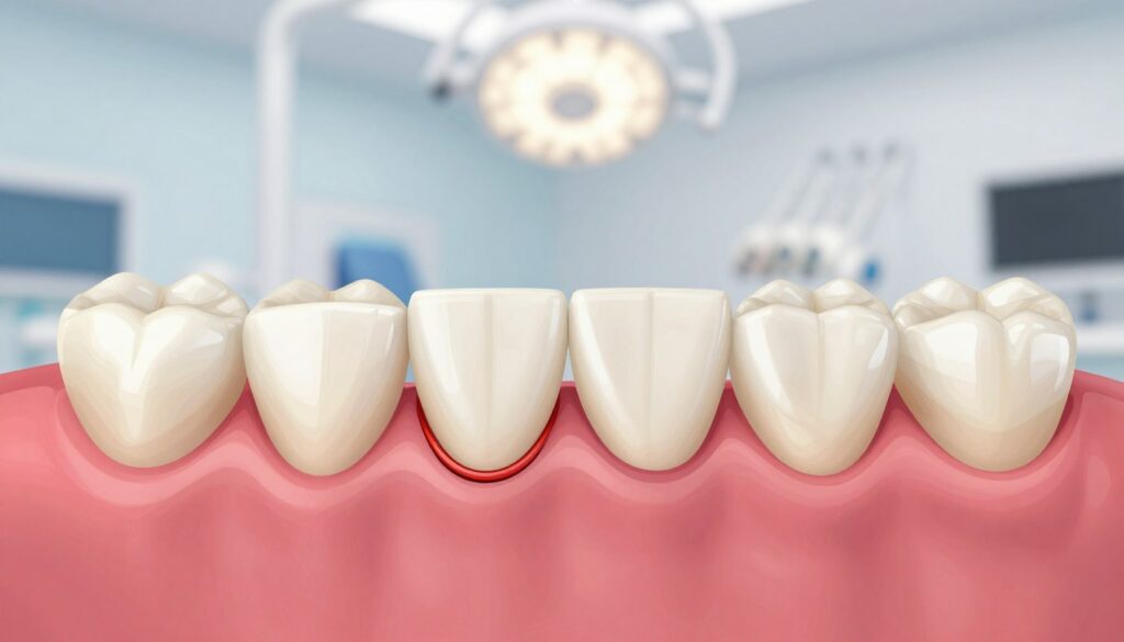 A detailed illustration of gum recession, focusing on a healthy human mouth with vivid details. In the foreground, a close-up view of the gums showing recession, highlighting the area of exposure on the tooth roots. In the middle ground, significantly enlarged dental anatomy, including healthy teeth and surrounding tissue, to emphasize the contrast between healthy and receded gums. The background features a softly blurred dental clinic environment, conveying a sense of professionalism and care. The lighting is bright and clinical, simulating a dental examination room with a soft white light enhancing the focus on the dental structures. The overall mood is educational and informative, emphasizing the importance of dental health. No text or branding included.