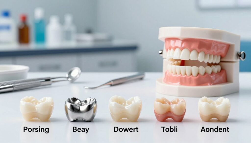 A detailed illustration showcasing various types of dental crowns in a clinical setting. In the foreground, display an array of dental crowns made from different materials: porcelain, metal, and resin, each labeled for clarity. The middle ground features a dentist's workstation, including dental tools and a high-quality dental model of a tooth with a crown. In the background, soft lighting creates a clean, professional atmosphere, highlighting a shelf with dental products. Use a slight depth of field to keep the focus on the crowns while softening the background elements. The mood is informative and sophisticated, ideal for educational purposes, emphasizing the significance of selecting the right dental crown for patients.