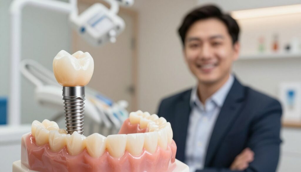 A detailed image showcasing a dental prosthesis, emphasizing both removable and fixed options. In the foreground, a close-up of a high-quality dental implant alongside a natural tooth, highlighting the textures and materials. The middle ground features a smiling person in business attire, displaying confidence and comfort while wearing the prosthesis, enhancing the sense of approachability. The background includes a soft-focus dental clinic setting, with modern equipment and warm lighting, creating a welcoming and professional atmosphere. The overall mood is positive and reassuring, illustrating the benefits of dental prosthetics on daily life and self-esteem. Use a soft, natural lighting setup with a shallow depth of field to create an inviting image.