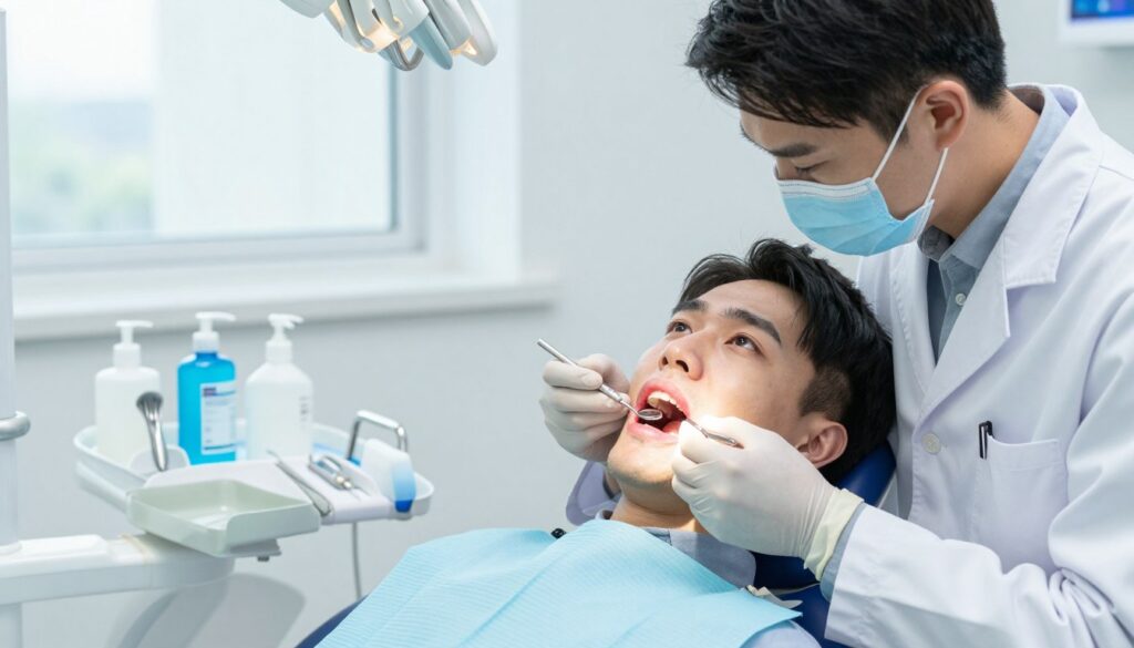 A focused dental treatment scene showcasing a professional dentist examining a patient's inflamed gums. In the foreground, the dentist, dressed in a white lab coat and gloves, is using a dental mirror and probe, highlighting the redness of the patient's gums. The patient is seated in a modern dental chair, looking slightly anxious but calm, dressed in a light blue shirt. In the middle ground, various dental tools and antiseptic products are neatly organized, emphasizing the treatment aspect. The background features a bright, sterile dental office with large windows allowing natural light to illuminate the scene, creating a clean and professional atmosphere. The mood is serious yet reassuring, emphasizing the importance of proper gum care and treatment.