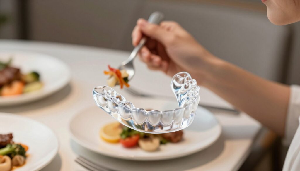 A futuristic dental overlay designed for eating, positioned prominently in the foreground, showcasing transparent material with custom-fitted contours that perfectly match a person's dental structure. The middle ground features a softly blurred hand delicately holding a fork with food, highlighting the product's practicality for dining. The background is elegantly composed of a modern dining setting with a table set for a meal, adorned with a subtle warm lighting that creates an inviting atmosphere. The angle is slightly overhead, giving a comprehensive view of how the dental overlays function in real-life situations. The mood is innovative and approachable, underscoring the convenience and safety of using these overlays while enjoying food.