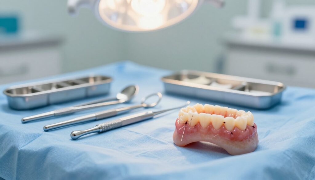 A medical-themed scene focusing on dental sutures shortly after a surgical procedure. In the foreground, a close-up view of a healthy gum with neatly placed sutures, showcasing the delicate stitches. The middle ground features an array of dental tools like forceps and a surgical suturing kit, all meticulously organized on a sterile blue surgical cloth to convey cleanliness and professionalism. The background includes a softly blurred dental clinic environment with bright, diffused lighting from overhead lamps, creating a calm and clinical atmosphere. The overall mood is one of reassurance and care, inviting viewers to feel informed and at ease regarding dental post-operative care. No people are present in the image, ensuring a focused, professional presentation.