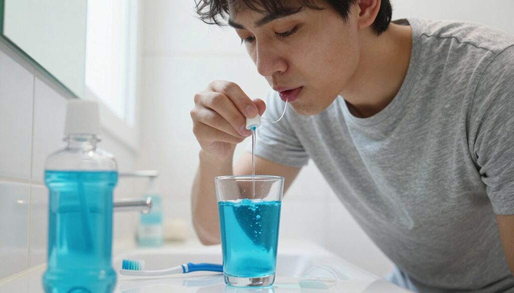 A modern bathroom scene showcasing a person in modest casual clothing rinsing their mouth with an antibacterial mouthwash. In the foreground, focus on a clear glass filled with a vibrant blue mouth rinse, surrounded by dental hygiene tools like a toothbrush and floss. The middle ground features the person, showing a thoughtful expression, with their head slightly tilted back. In the background, bright, clean tiles reflect natural light coming from a nearby window, creating a fresh and hygienic atmosphere. The lighting is soft yet vibrant, enhancing the tranquility of the moment. The colors should be bright and inviting, emphasizing cleanliness and health.
