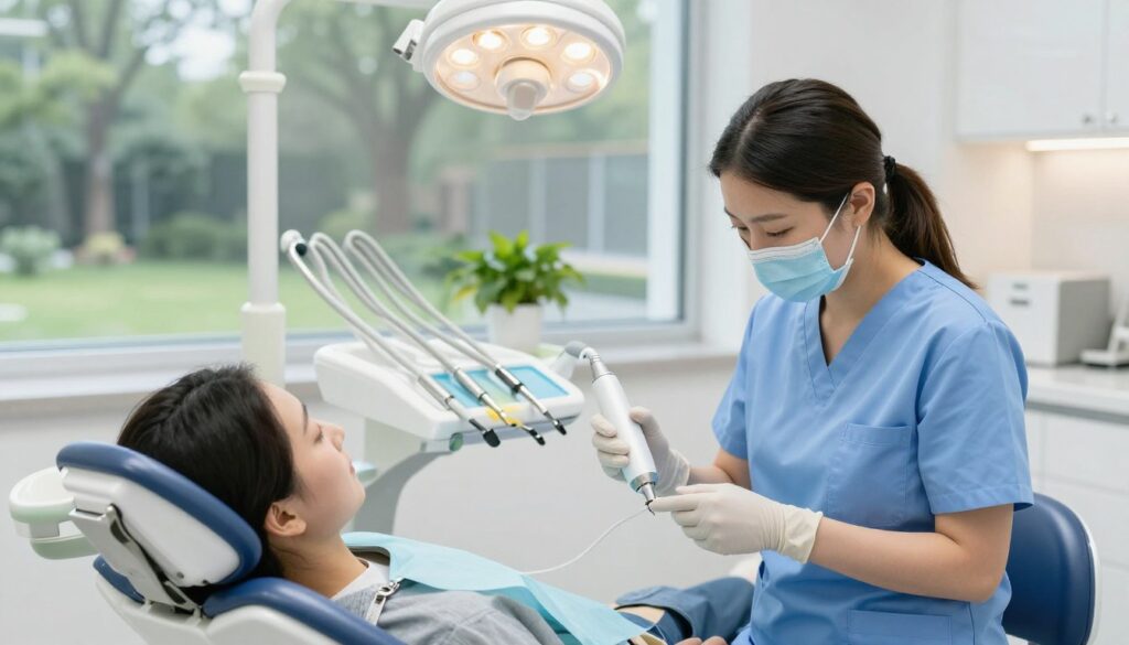 A modern dental clinic interior, featuring a bright and sterile environment. In the foreground, a dental hygienist, dressed in professional scrubs, is gently using a dental air abrasion device on a patient lying comfortably in a dental chair. The hygienist has a focused expression, and the room is well-lit with soft overhead lighting, creating a calming atmosphere. In the middle, various dental instruments are neatly arranged on a tray, alongside a small potted plant for a touch of warmth. The background includes a large window allowing natural light to filter in, with a view of a peaceful garden promoting relaxation. The overall mood is clinical yet inviting, embodying professionalism and care.