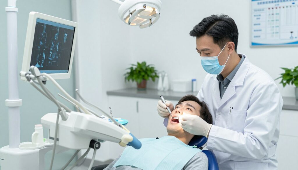 A modern dental clinic interior, featuring a professional dentist in a white coat examining a patient's mouth. The foreground focuses on a dental examination setup, showcasing diagnostic tools like an intraoral camera, dental mirror, and X-ray images displayed on a light box. The middle ground captures the dentist's focused expression while the patient, dressed in a modest shirt, sits in a dental chair, looking slightly anxious. The background reveals bright, sterile walls with dental charts and plants adding a calm touch. The lighting is bright and clinical, emphasizing cleanliness and professionalism. The atmosphere is serious yet supportive, reflecting the importance of diagnostic examinations for oral health concerns.