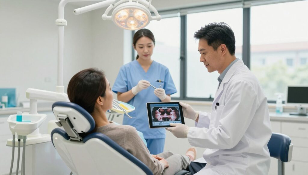 A modern dental clinic interior, featuring a well-organized treatment room with a comfortable dental chair, bright overhead lights, and advanced dental equipment. In the foreground, a professional male dentist, wearing a white coat and gloves, attentively explains a treatment plan to a patient, a middle-aged woman dressed in modest casual attire. The dentist holds a digital tablet displaying treatment progress images. In the middle ground, a dental assistant prepares tools in a sterile environment. In the background, large windows allow natural light to fill the space, creating a warm and welcoming atmosphere. Soft focus on the surroundings emphasizes the central interaction, conveying a sense of care and professionalism in the dental treatment process.