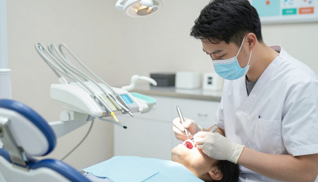 A modern dental clinic interior, focusing on a dental chair in the foreground where a dentist, dressed in professional scrubs and a mask, is skillfully examining a patient’s gum. The dentist uses a small dental tool, highlighting the precision of the procedure to address a gum fistula. In the middle, a soft view of dental equipment and tools on a tray reflects a sterile environment, emphasizing the clinical aspect. The background features a bright and clean clinic with dental charts and soothing colors, creating a calming atmosphere. Soft, diffused lighting illuminates the scene, casting gentle shadows, accentuating the professional and serene mood of dental treatment. A modern dental clinic interior, focusing on a dental chair in the foreground where a dentist, dressed in professional scrubs and a mask, is skillfully examining a patient’s gum. The dentist uses a small dental tool, highlighting the precision of the procedure to address a gum fistula. In the middle, a soft view of dental equipment and tools on a tray reflects a sterile environment, emphasizing the clinical aspect. The background features a bright and clean clinic with dental charts and soothing colors, creating a calming atmosphere. Soft, diffused lighting illuminates the scene, casting gentle shadows, accentuating the professional and serene mood of dental treatment.