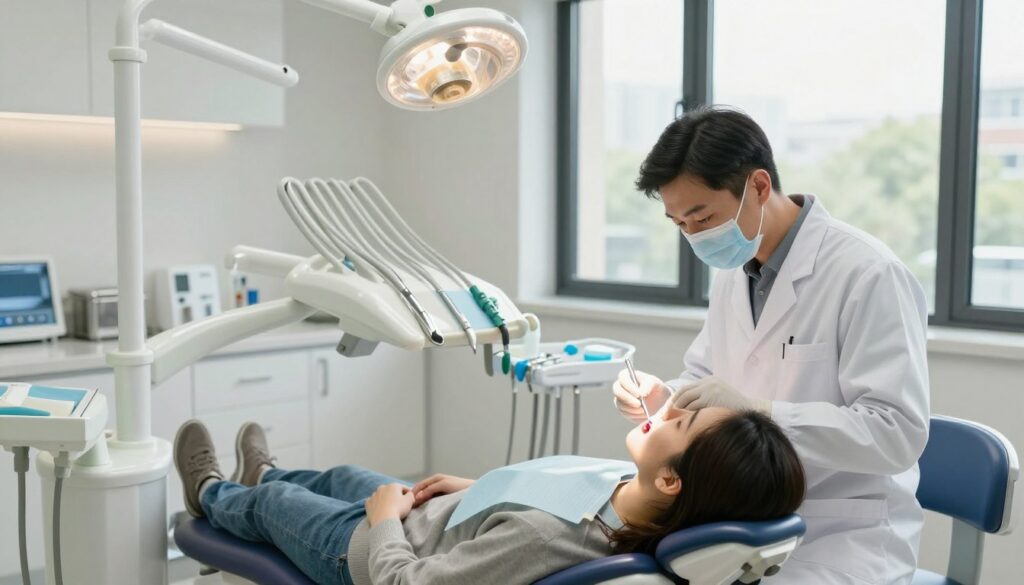 A modern dental clinic interior, showcasing a professional dental operating room. In the foreground, a dental chair with a patient, depicted in modest, casual clothing, reclining comfortably. A dentist in a white coat is examining the patient's gums, holding dental tools, emphasizing care and professionalism. In the middle ground, shelves filled with dental instruments and sterilization equipment are neatly organized, suggesting a clean and efficient environment. The background features large windows letting in natural light, illuminating the space with a warm and inviting glow. Soft shadows enhance the atmosphere, conveying a sense of calm and trust. The overall mood is reassuring, highlighting advanced dental care practices and the importance of gum treatments. A modern dental clinic interior, showcasing a professional dental operating room. In the foreground, a dental chair with a patient, depicted in modest, casual clothing, reclining comfortably. A dentist in a white coat is examining the patient's gums, holding dental tools, emphasizing care and professionalism. In the middle ground, shelves filled with dental instruments and sterilization equipment are neatly organized, suggesting a clean and efficient environment. The background features large windows letting in natural light, illuminating the space with a warm and inviting glow. Soft shadows enhance the atmosphere, conveying a sense of calm and trust. The overall mood is reassuring, highlighting advanced dental care practices and the importance of gum treatments.