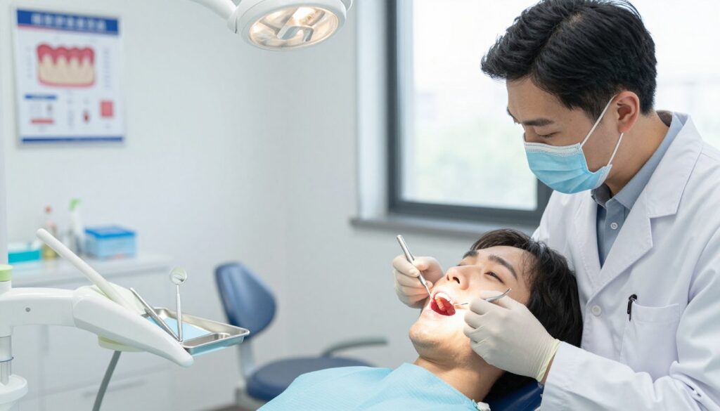 A modern dental clinic setting, showcasing a dentist examining a patient’s gums to diagnose gum inflammation. In the foreground, a dentist in a professional white coat and mask examines a patient's open mouth, revealing inflamed gums. The middle layer features dental tools like a probe and mirror on a clean tray, emphasizing a clinical environment. The background shows a well-lit dental office with charts on the walls illustrating gum health, a dental chair, and large windows letting in natural light. The atmosphere is calm and sterile, conveying professionalism and care, with soft, diffused lighting creating a welcoming vibe. The focus is sharp on the dentist and patient, with a slight depth of field effect to blur the background elements.