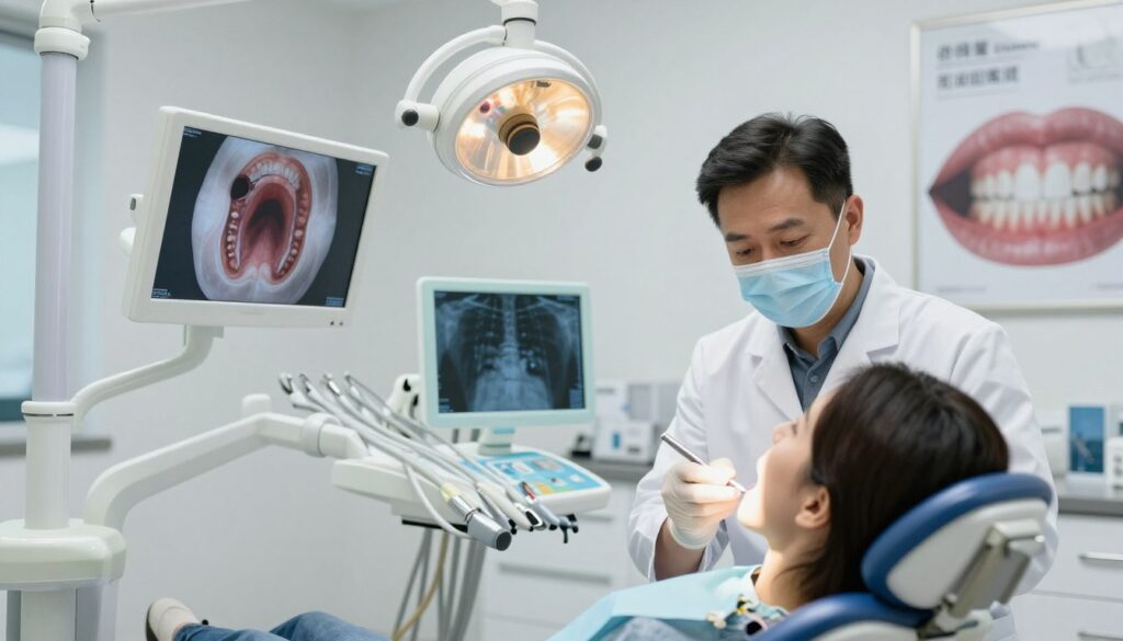 A modern dental office featuring a dentist in professional attire examining a patient with a focused expression. The foreground showcases a dental chair equipped with an examination light illuminating the patient's mouth, where a detailed illustration of a dental cyst is visible on a screen. In the middle, dental tools and x-rays are neatly arranged, highlighting the diagnostic process. The background features a clean and organized environment with dental posters and framed artwork related to dental health. Soft, natural lighting creates a calm and professional atmosphere, emphasizing the importance of proper dental diagnostics. The scene should convey a sense of trust and professionalism in dental care.