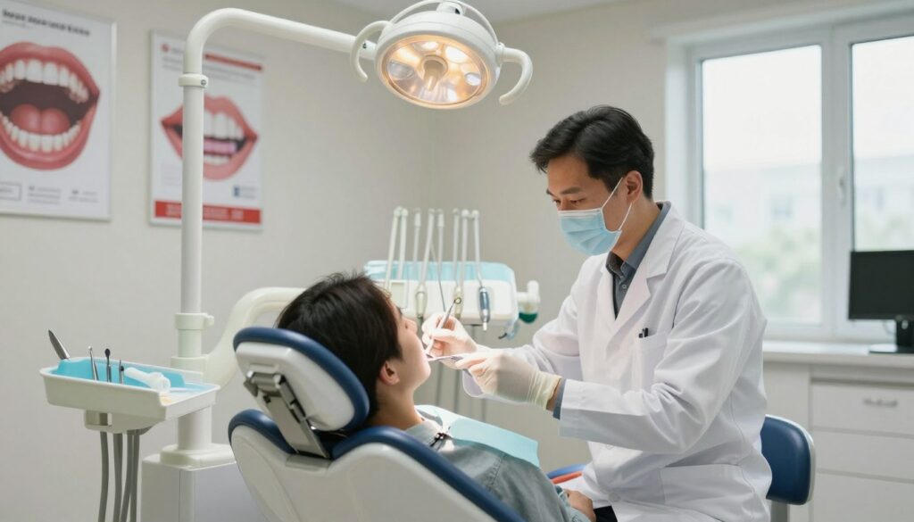 A modern dental office interior, depicting a dental professional in a white coat, calmly assessing a patient's gum recession on a dental chair. The dental chair is positioned center stage in the foreground, with an overhead light illuminating the area, casting soft shadows. In the middle ground, dental tools and patient charts are neatly arranged on a tray, showcasing a clean and organized environment. The background features dental posters on the walls illustrating oral health and hygiene, with a window allowing natural light to filter in, creating a warm and inviting atmosphere. The overall mood is clinical yet reassuring, emphasizing the importance of professional care in evaluating gum recession.