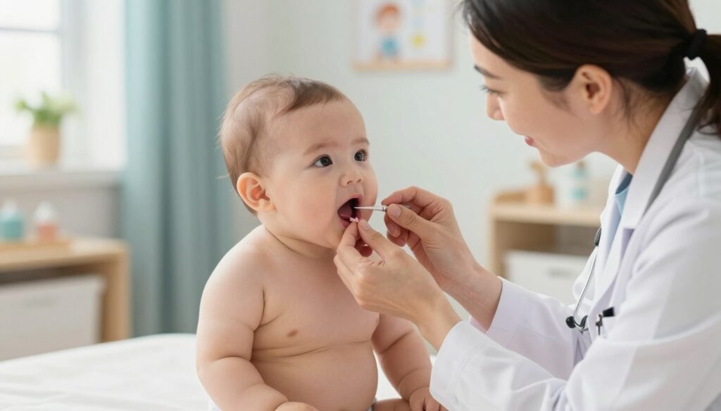 A pediatrician examining a small infant in a bright, welcoming examination room. The pediatrician, a middle-aged woman in a white coat, is gently inspecting the child's mouth, showcasing her caring demeanor. The infant, a chubby-cheeked baby, is sitting comfortably on the examination table, looking curious yet calm. The focus is on the pediatrician's attentive expression and the baby’s open mouth revealing mildly inflamed gums. In the background, soft pastel colors and child-friendly decorations create a soothing atmosphere. Natural light filters through a window, giving the scene a warm, inviting feel. The angle is slightly elevated, capturing both the pediatrician's focused attention and the baby's expression, highlighting the importance of medical care for young children.