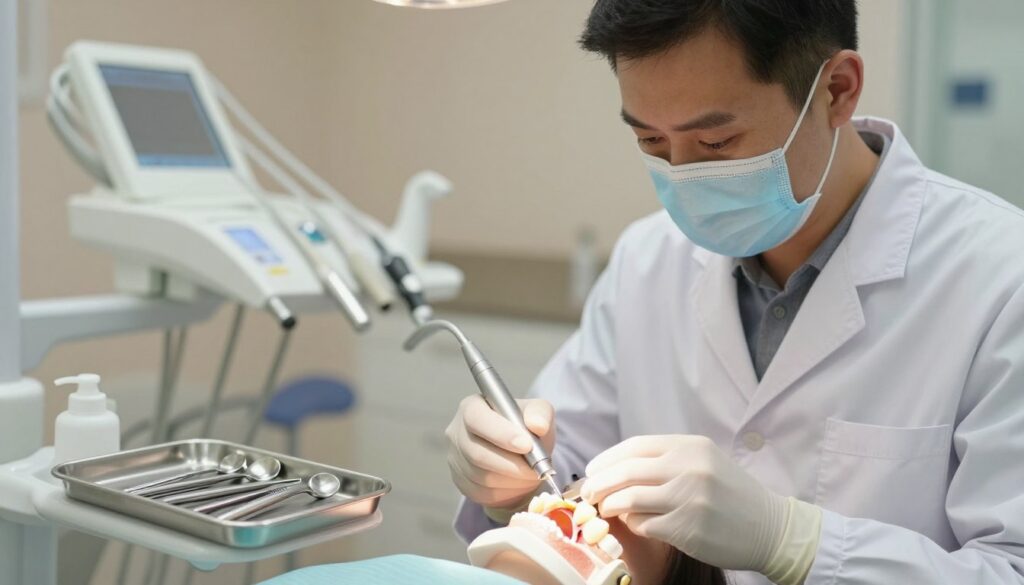 A professional dental setting, showcasing a close-up view of a dentist performing root canal treatment on a tooth. In the foreground, focus on a dental drill and instruments on a well-organized tray, highlighting the precision and care involved in the procedure. In the middle ground, depict a dentist in a white coat and gloves, examining a tooth model with a serious focus, emphasizing their expertise and attention to detail. The background features a well-lit, sterile dental clinic with modern equipment and soft, warm lighting to create a calm and reassuring atmosphere. The overall mood is professional and clinical, conveying the importance of root canal treatment for a dead tooth.