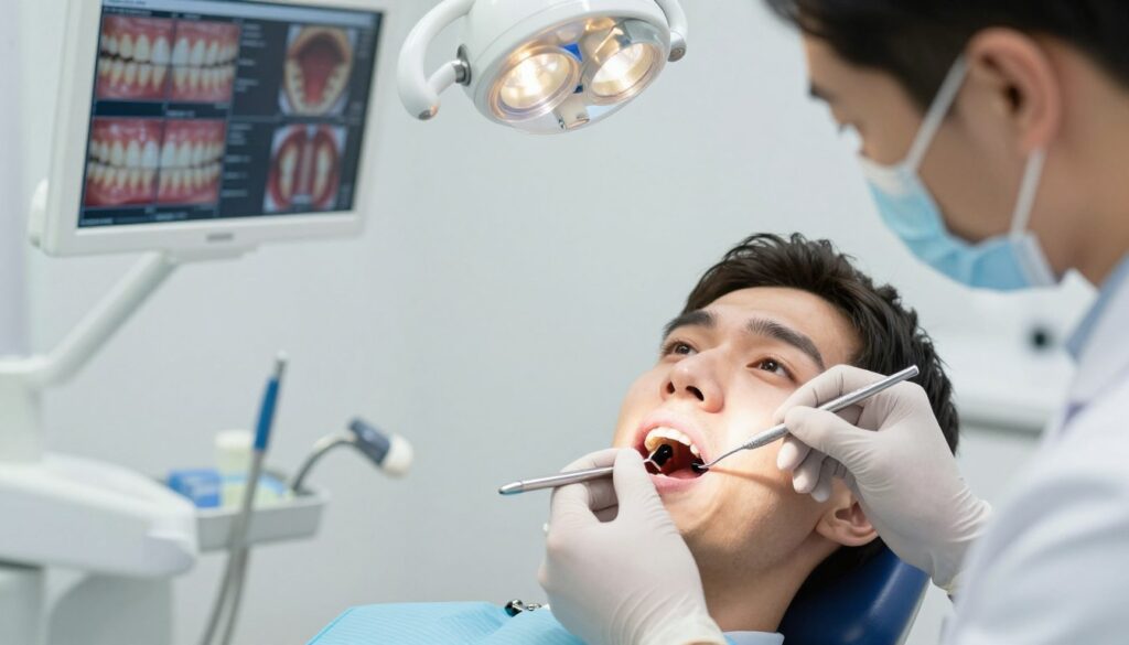 A professional dentist examining an open mouth with a black tooth near the gum line, showcasing dark discoloration. In the foreground, focus on the dentist's gloved hands holding dental tools, ensuring they are in a crisp, clean environment. The middle ground includes the patient, dressed in a modest, professional outfit, looking apprehensively toward the dentist. The background features dental equipment, like an examination light and charts showing different dental conditions. The lighting is bright and clinical, creating a serious yet calm atmosphere. The image conveys the diagnostic process with an emphasis on professionalism and care.