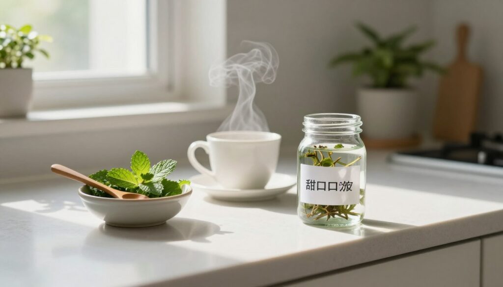 A serene and inviting kitchen countertop scene, illuminated by soft, natural light coming through a nearby window. In the foreground, a clear glass jar filled with herbal mouth rinse, labeled simply and attractively. Beside it, a small bowl containing fresh mint leaves and a wooden spoon, suggesting a homemade remedy. In the middle, a white porcelain cup with a gentle steam rising, symbolizing warmth and comfort after dental extraction. The background features a subtle blur of houseplants, emphasizing a calm and healing atmosphere. The entire image should convey a sense of care, safety, and home remedy wisdom, reflecting the essence of soothing after a tooth extraction. A wide-angle view, shot at a slight angle, enhances the inviting feel of the scene.