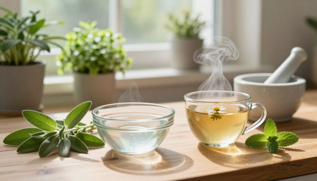 A serene, cozy kitchen setting with natural light streaming in through a window. In the foreground, a wooden table displays various natural remedies for swollen gums: a bowl of warm saltwater, a steaming cup of chamomile tea, and fresh herbs like sage and peppermint. A mortar and pestle is nearby, hinting at the preparation of homemade remedies. In the middle background, there are vibrant green plants, adding freshness and life to the scene. The overall mood is calm and comforting, evoking a sense of care and home remedies. Soft shadows add depth, and the lens captures the richness of colors, inviting viewers to explore holistic approaches to soothing gum swelling.