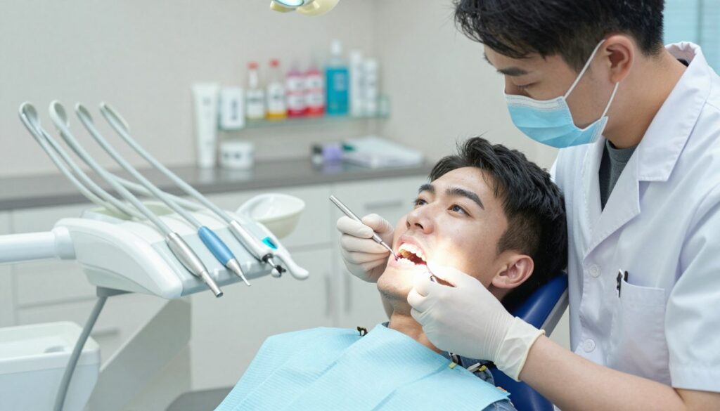 A serene dental clinic setting, focusing on a dental professional examining a patient’s teeth. In the foreground, a dentist in professional attire, wearing a mask and gloves, meticulously checks for tartar build-up using a dental explorer. The patient, seated calmly in a dental chair, shows a neutral expression, with visible teeth highlighting the scene. In the middle ground, dental tools and equipment are neatly arranged, reflecting a clean, organized environment. Soft, diffused lighting creates a calm atmosphere. The background features a shelf with dental care products, suggesting home care options. The overall mood is educational and reassuring, emphasizing the importance of dental hygiene and care.