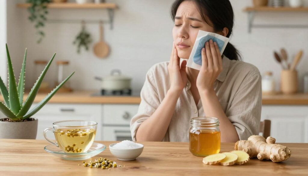 A serene, homey kitchen scene illuminated by soft, warm lighting. In the foreground, a wooden table displays various natural remedies for gum inflammation: a cup of chamomile tea, a small bowl of salt, a jar of honey, and fresh ginger slices. There’s a soothing, green aloe vera plant visible beside the ingredients. In the middle background, a person in modest casual clothing gently holds an ice pack against their cheek, expressing a look of mild discomfort but with a sense of calm as they prepare to apply these remedies. The walls are adorned with herbs and wellness decorations, creating a cozy and inviting atmosphere that conveys a sense of home remedy healing.