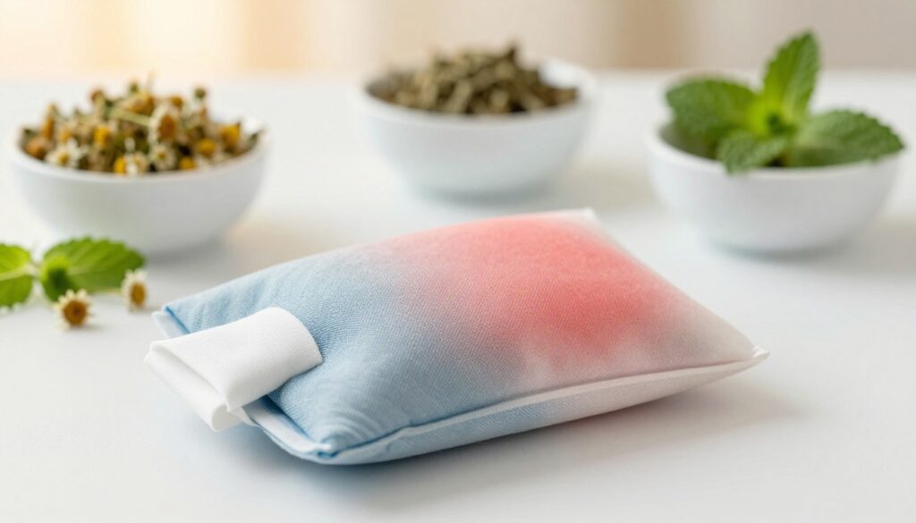 A soothing still life composition featuring a cold pack laid carefully on a swollen cheek to illustrate natural remedies for dental swelling. In the foreground, the cold pack, wrapped in a soft cloth, is positioned on a clean, white surface. The middle ground showcases a gentle blur of herbal remedies like chamomile and peppermint leaves in small bowls, suggesting their use in helping reduce swelling. The background is softly lit with warm, diffused light to create a calming atmosphere, enhancing the mood of relaxation and care. The image should evoke a sense of comfort and healing, reflecting home remedies and safety principles without any clutter or distractions. Focused angle, perhaps slightly top-down, brings the viewer's attention to the cold pack and the surrounding elements, accentuating the theme of self-care.