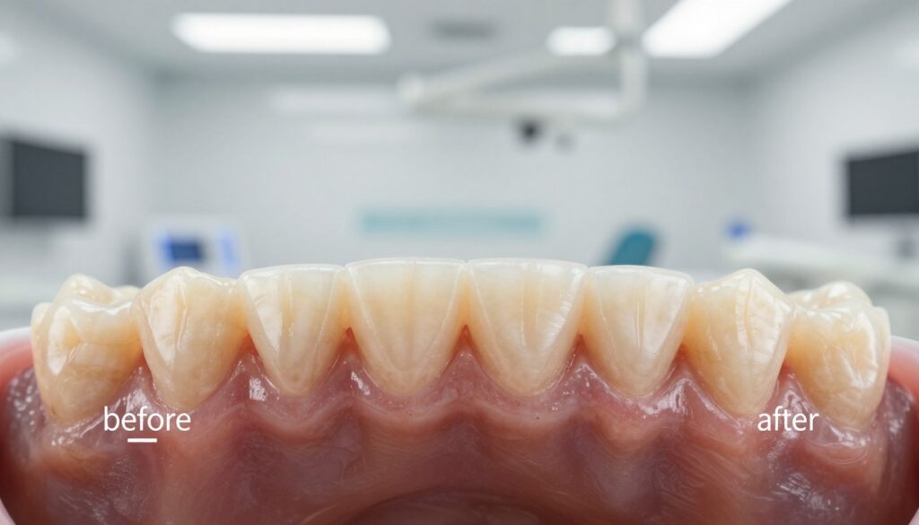 A split image showcasing gum plastic surgery results, highlighting "before" on the left and "after" on the right. The "before" side shows a close-up of a patient's gums with uneven contours and discoloration, while the "after" side presents the same patient with beautifully contoured, healthy-looking gums. The background features a clinical dental environment, softly lit to create a clean, professional atmosphere. The foreground focuses closely on the gum line, capturing fine details like texture and color. Use a macro lens effect to enhance the clarity of the gums, emphasizing the transformation. The mood is informative and positive, illustrating the efficacy of the procedure. No text, watermarks, or distractions.