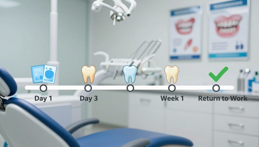 A timeline illustrating the recovery process after a tooth extraction, set in a clean and professional environment. In the foreground, a detailed timeline runs horizontally across the image, with labeled segments showing different recovery stages, such as "Day 1," "Day 3," "Week 1," and "Return to Work," each accompanied by simple icons representing healing and care (like ice packs and checkmarks). The middle ground features a blurred dental office background, emphasizing a sterile atmosphere with dental tools and posters about oral health. Soft, natural lighting illuminates the scene, creating a calm feeling. The mood is informative and reassuring, suitable for readers considering their return to work post-extraction. The perspective is straight-on for clarity and focus on the timeline. A timeline illustrating the recovery process after a tooth extraction, set in a clean and professional environment. In the foreground, a detailed timeline runs horizontally across the image, with labeled segments showing different recovery stages, such as "Day 1," "Day 3," "Week 1," and "Return to Work," each accompanied by simple icons representing healing and care (like ice packs and checkmarks). The middle ground features a blurred dental office background, emphasizing a sterile atmosphere with dental tools and posters about oral health. Soft, natural lighting illuminates the scene, creating a calm feeling. The mood is informative and reassuring, suitable for readers considering their return to work post-extraction. The perspective is straight-on for clarity and focus on the timeline.