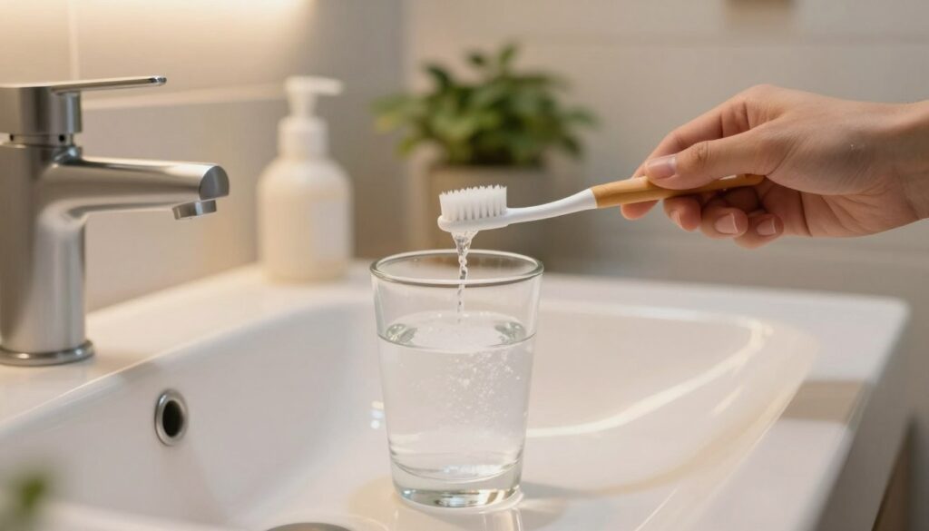 A tranquil bathroom scene illustrating the process of rinsing with salt for gum irritation relief. In the foreground, a close-up view of a small clear glass with dissolved salt in warm water, partially filled, positioned next to a sleek, modern sink. The middle ground includes a hand holding a soft toothbrush poised over the glass, emphasizing the act of gentle care. In the background, a soothing, minimalist bathroom decor featuring soft lighting, light-colored tiles, and a touch of greenery with a potted plant. The overall atmosphere is calm and serene, suggesting comfort and immediate relief. The lighting should be warm and inviting, capturing a sense of homey wellness.