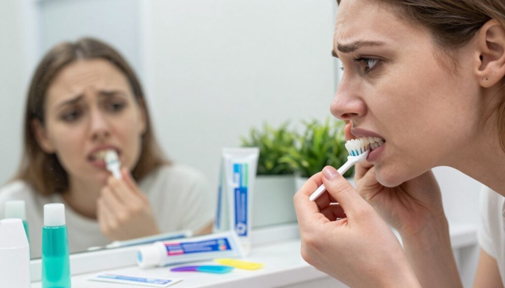 A visually striking composition depicting the side effects of teeth whitening. In the foreground, show a close-up of a worried person examining their discolored teeth in a bright bathroom mirror, their expression reflective of concern. In the middle ground, illustrate a colorful array of whitening products, including toothpaste, strips, and gels, scattered carelessly around a bathroom countertop. The background should feature soft, diffused lighting that emphasizes a clean, modern atmosphere, with hints of green plants for a soothing effect. Overall, the mood should blend anxiety with caution, highlighting the potential consequences of improper teeth whitening. Use a slight upward angle to create an engaging perspective while focusing on the subject's facial expression and the products around them. A visually striking composition depicting the side effects of teeth whitening. In the foreground, show a close-up of a worried person examining their discolored teeth in a bright bathroom mirror, their expression reflective of concern. In the middle ground, illustrate a colorful array of whitening products, including toothpaste, strips, and gels, scattered carelessly around a bathroom countertop. The background should feature soft, diffused lighting that emphasizes a clean, modern atmosphere, with hints of green plants for a soothing effect. Overall, the mood should blend anxiety with caution, highlighting the potential consequences of improper teeth whitening. Use a slight upward angle to create an engaging perspective while focusing on the subject's facial expression and the products around them.