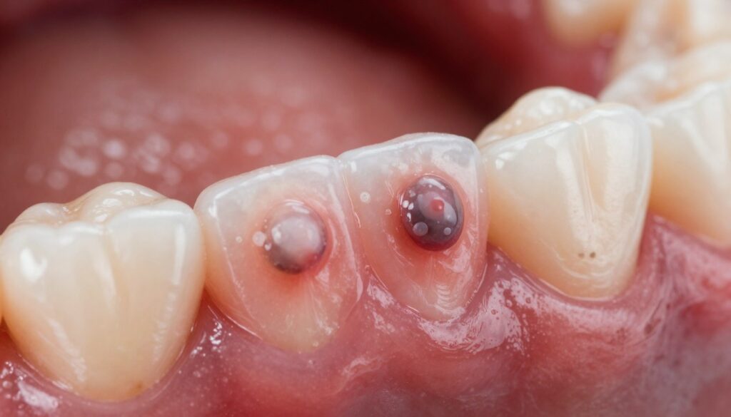 Close-up view of an inflamed gum area illustrating canker sores, showcasing several distinct lesions with a white, raised appearance on a vibrant red background. The image captures a healthy tooth and surrounding gums to provide contrast, emphasizing the changes due to inflammation. Soft, natural lighting highlights the textures of the gums and the lesions, evoking a clinical atmosphere. The angle is slightly tilted to enhance the depth of field, focusing on the lesions while subtly blurring the background for clarity. The mood is informative and professional, making it suitable for an educational article on oral health. Avoid any human representation to keep the focus solely on the dental condition.