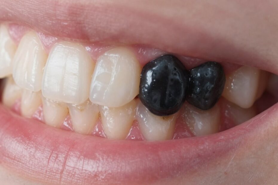 Czarny ząb przy dziąśle