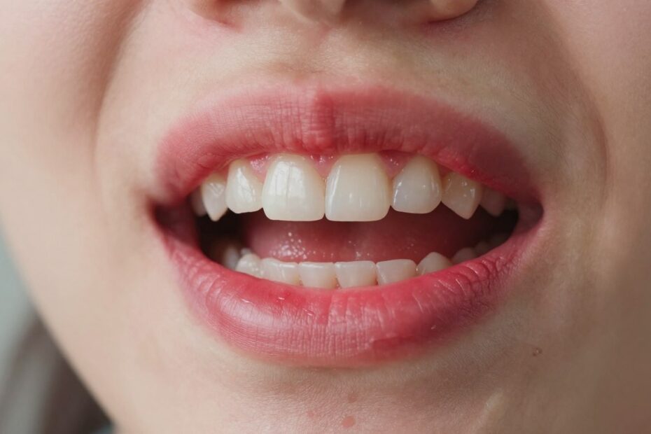 Czerwone dziąsło przy zębie